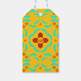 Etiqueta Para Presente Símbolos Red Zia Penas Turquesas do Novo México