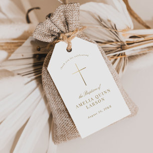 Etiqueta Para Presente Simples Elegante, Dourado Natal De Batismo Cruzado