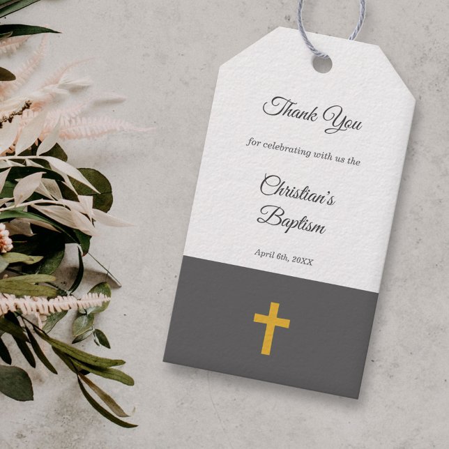 Etiqueta Para Presente Simples, Preto com Dourado Batismo Cruzado Obrigad (Black with a Gold Cross Baptism Thank You Gift Tags)