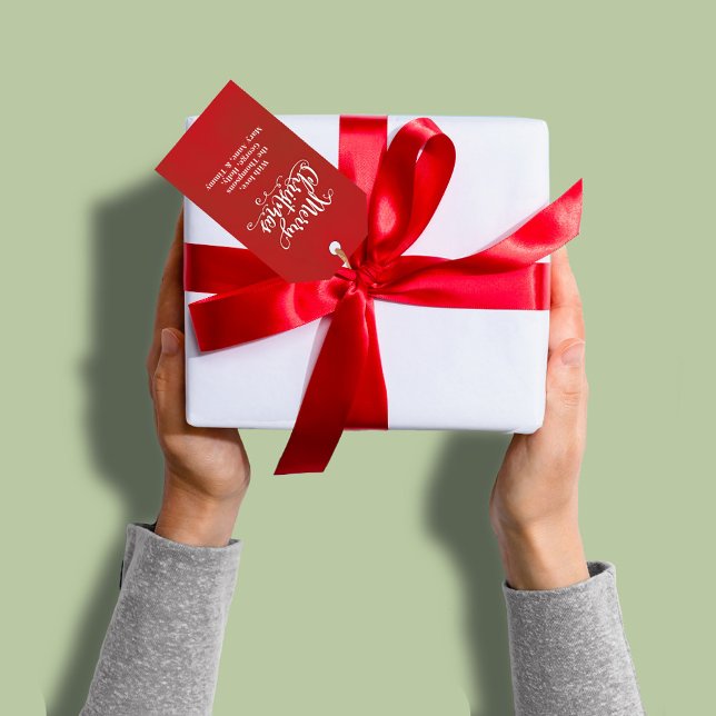 Etiqueta Para Presente Simples Red Script de Feliz Natal (Red and white Merry Christmas custom gift tag. )
