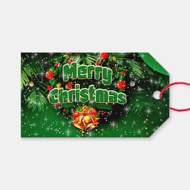 Etiqueta Para Presente Sinos Dourados de Natal Feliz Verde (Frente (horizontal))