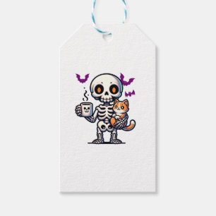 Etiqueta Para Presente Skeleton Cat e café pai assustador e mãe para hal