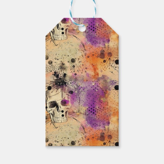 Etiqueta Para Presente Skulls Dots Boho Abstrato Patterno Halloween (Frente)