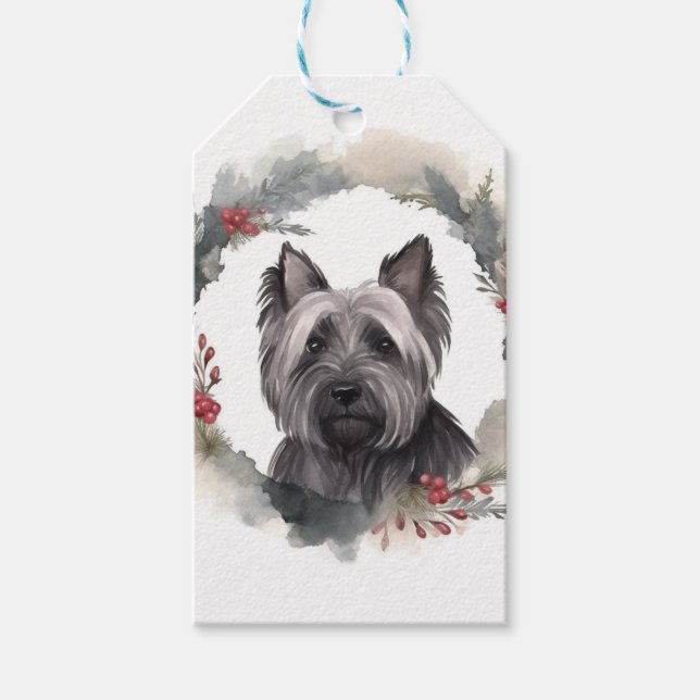 Etiqueta Para Presente Skye Terrier Christmas Wreath Festivo Pup (Frente)