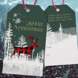 Etiqueta Para Presente Snowy Forest Buffalo Xadrez Stag Feliz Natal