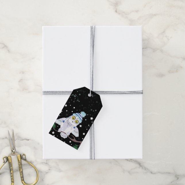 Etiqueta Para Presente Snowy Owl com Chapéu de inverno (Com cordão)
