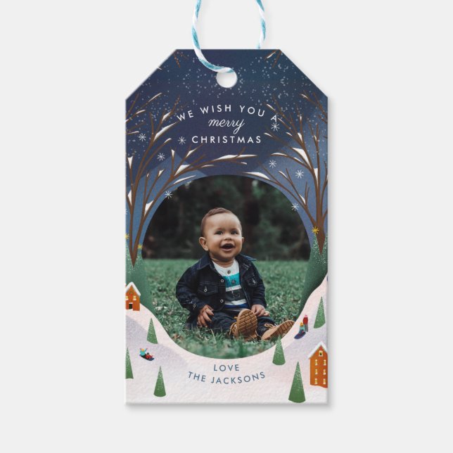 Etiqueta Para Presente Snowy Village Winter Scene Photo de Natal (Frente)