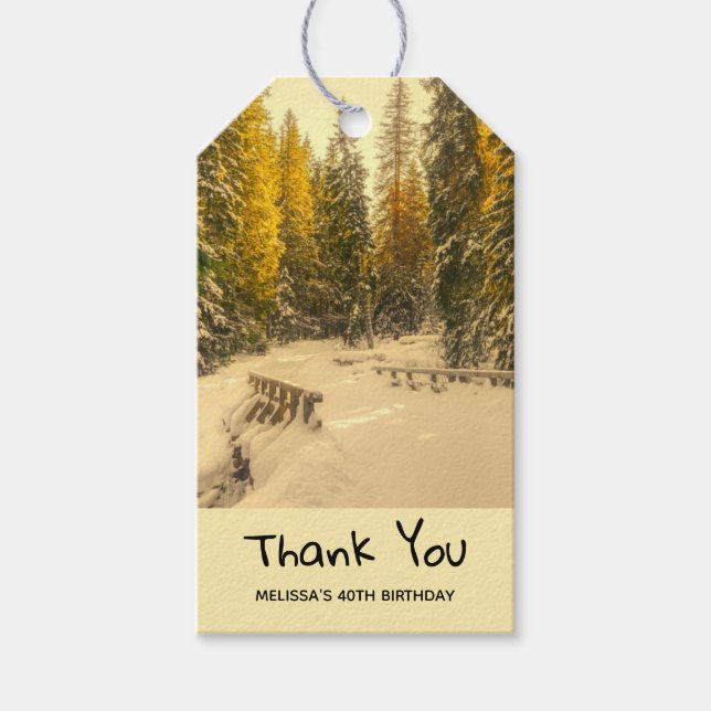 Etiqueta Para Presente Snowy Winter Path com Pine Trees Obrigado (Frente)