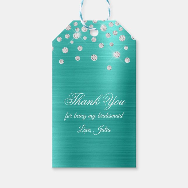 Etiqueta Para Presente Spark Diamond Confetti Turquoise Foil Obrigado (Frente)