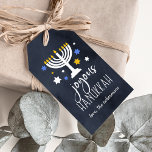 Etiqueta Para Presente Starry Lights | Hanukkah<br><div class="desc">Festive Hanukkah gift tags feature "joyous Hanukkah" in white lettering on a navy blue background accented with a lit menorah and white,  blue and gold stars. Personalize with your names beneath.</div>