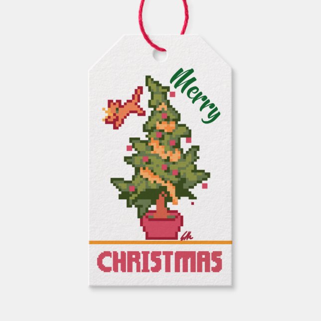 Etiqueta Para Presente stealing cat, tree, Pixel Art, Merry Christmas  (Frente)