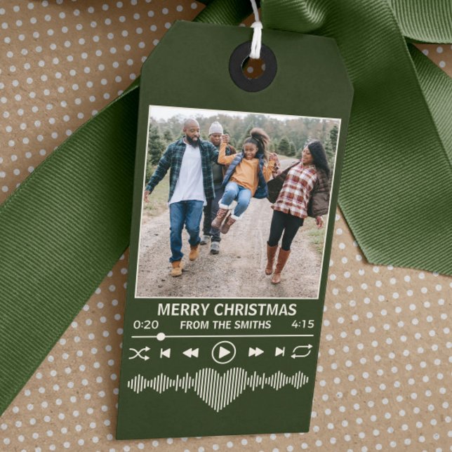 Etiqueta Para Presente Streaming Music Green Player Foto Natal (green holiday gift tag with streaming music theme and space for a family photo as the album art)