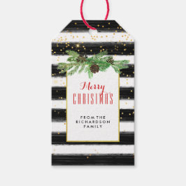 Etiqueta Para Presente Stripes Negras com Confetti Dourado e Cones de Pin