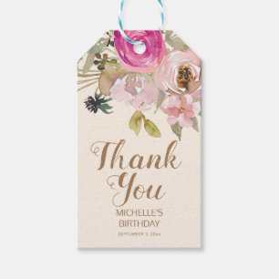 Etiqueta Para Presente Surpresa Floral Rosa Roxo de Aniversário Obrigado