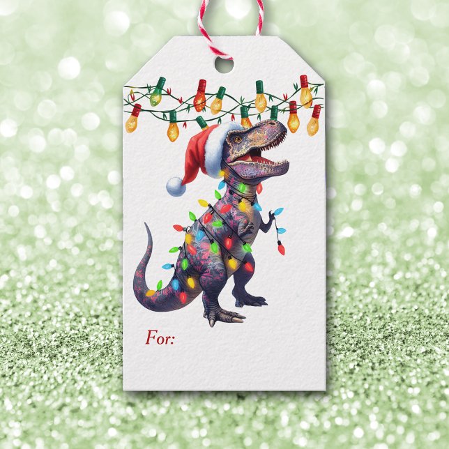 Etiqueta Para Presente T-Rex Feriado Luz Crianças Natal (Criador carregado)