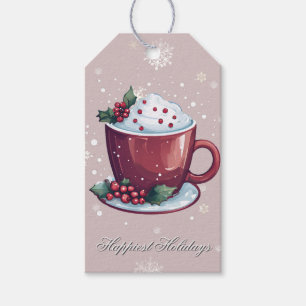 Etiqueta Para Presente Taça de Chocolate Quente de Natal Rosa Corado