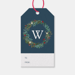 Etiqueta Para Presente Tag azul do presente do monograma da grinalda do