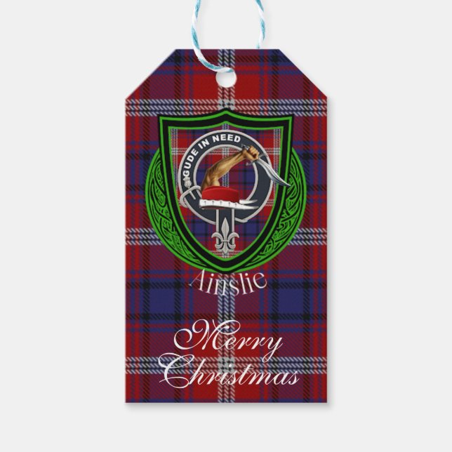 Etiqueta Para Presente Tartan e Brasão do Clã Escocês Ainslie (Frente)