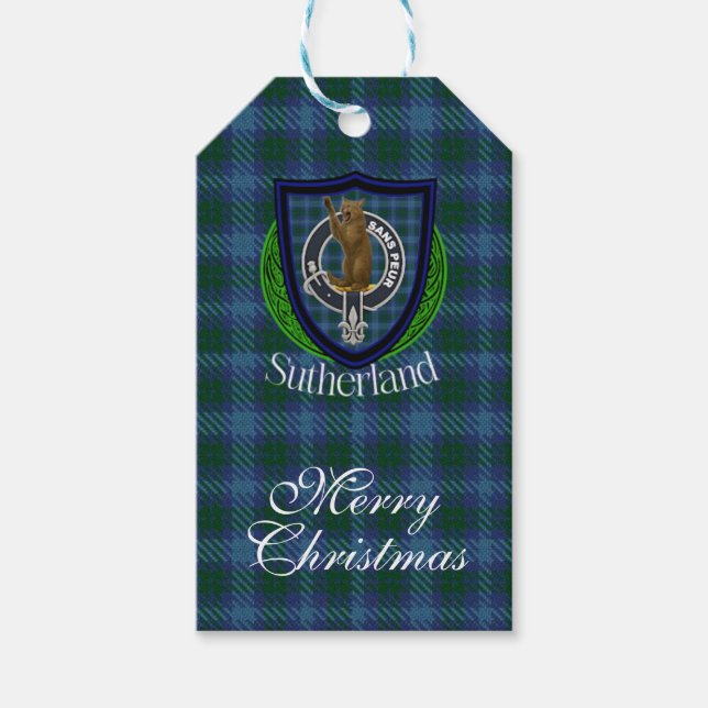 Etiqueta Para Presente Tartan e Brasão do Clã Escocês Sutherland (Frente)