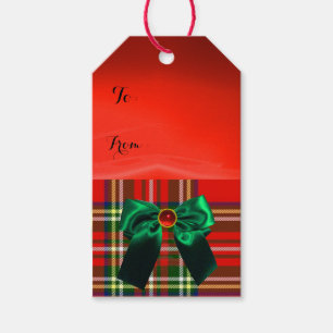 ETIQUETA PARA PRESENTE TARTAN ESCOCÊS VERDE VERMELHO COM ARCOS DO NATAL