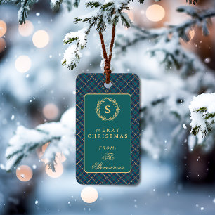 Etiqueta Para Presente Tartan Plaid Monograma Clássico Natal Verde Escuro