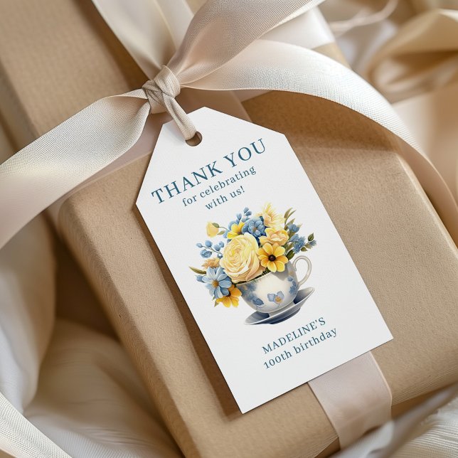 Etiqueta Para Presente Teacup Yellow Blue Flowers 100º aniversário (Yellow and blue flowers in teacup birthday party thank you gift tag)
