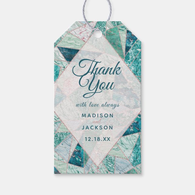 Etiqueta Para Presente Teal Mosaic Marble Triangles Casamento Obrigado (Frente)
