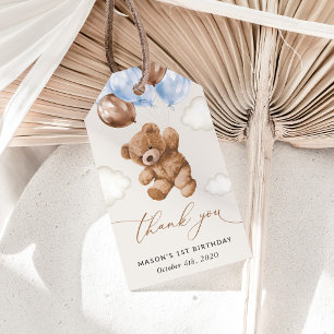Etiqueta Para Presente Teddy Bear, Balões Azuis, Primeiro Aniversário