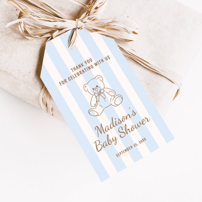 Etiqueta Para Presente Teddy Bear Blue Stripes Baby Shower (Criador carregado)