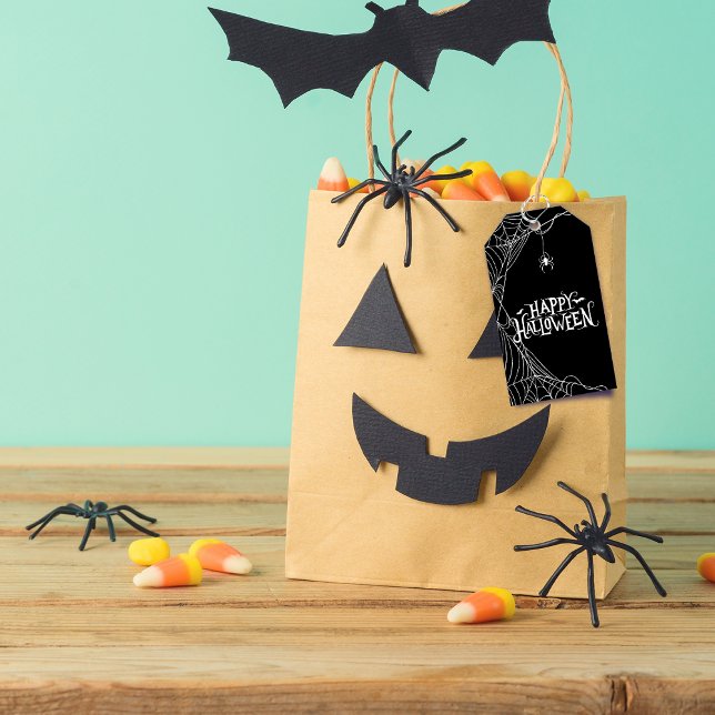 Etiqueta Para Presente Teia de Aranha Feliz Dia das Bruxas Agradecimento  (Black and White Happy Halloween Thank You Gift Tags)
