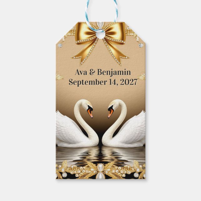 Etiqueta Para Presente 🦢 Tema de Casamento Romântico Cisne Dourado 💍 (Frente)