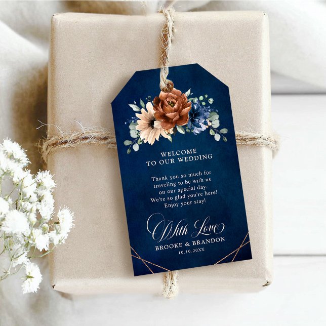 Etiqueta Para Presente Terracotta Marinho Azul Casamento Geométrico Boas- (Terracotta Navy Blue Geometric Wedding Welcome Gift Tags)