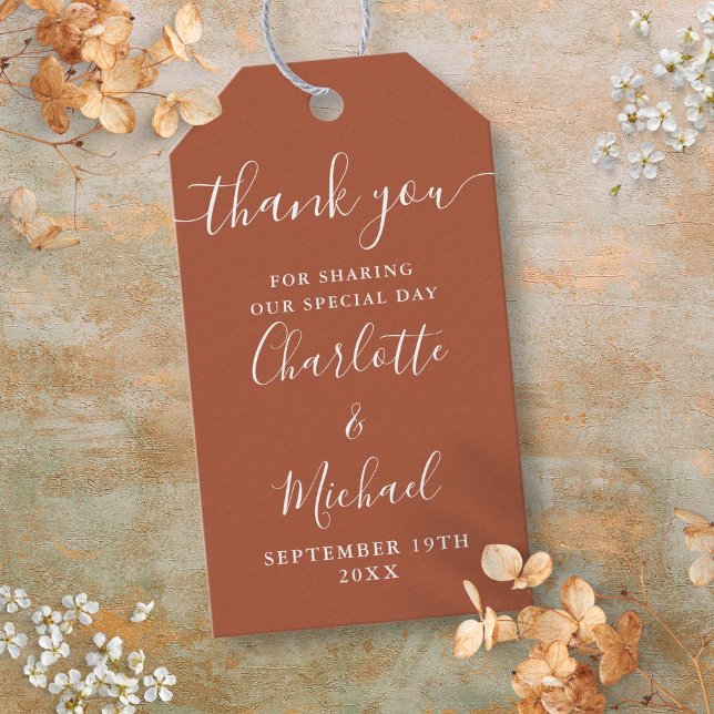 Etiqueta Para Presente Terracotta Script Obrigado Favor De Casamento (Terracotta Script Thank You Wedding Favour Gift Tags)