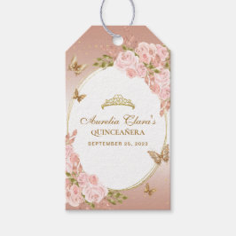 Etiqueta Para Presente Tiara de Borboleta Rosa Floral Dourado Quinceañera