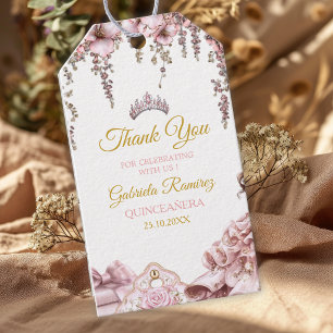 Etiqueta Para Presente Tiaro Floral Dourado e Rosa Bege Quinceañera