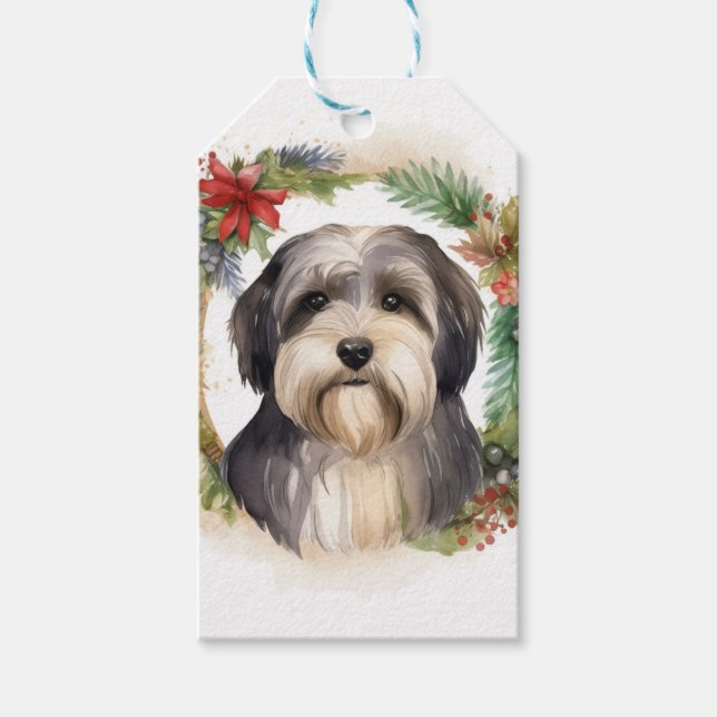 Etiqueta Para Presente Tibetano Terrier Christmas Wreath Festivo Pup (Frente)