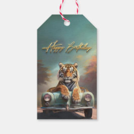 Etiqueta Para Presente Tigre sentado num carro desportivo Parabéns