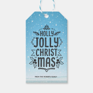 Etiqueta Para Presente Tipografia de Natal Holly Jolly Azul Personalizada