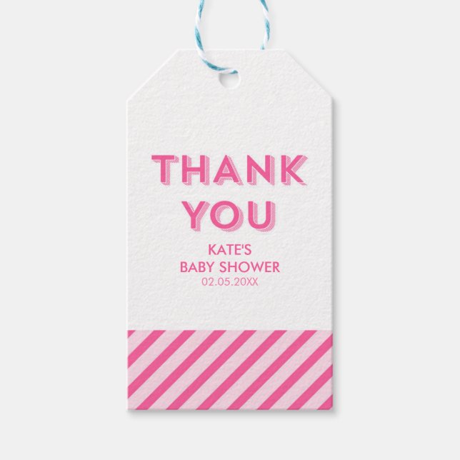 Etiqueta Para Presente Tiras Rosa Modernas Obrigado Chá de fraldas (Frente)