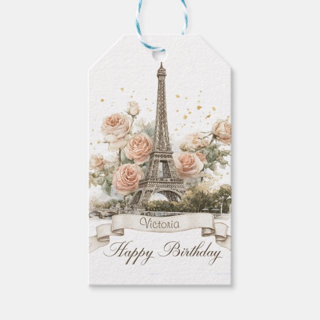Etiqueta Para Presente Torre Eiffel "Parabéns" com nome personalizado (Frente)
