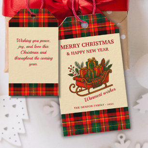 Etiqueta Para Presente Trenó de Natal Vintage com Presentes e Xadrez