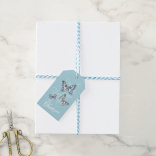 Etiqueta Para Presente Três borboletas desenhando obrigado azul claro