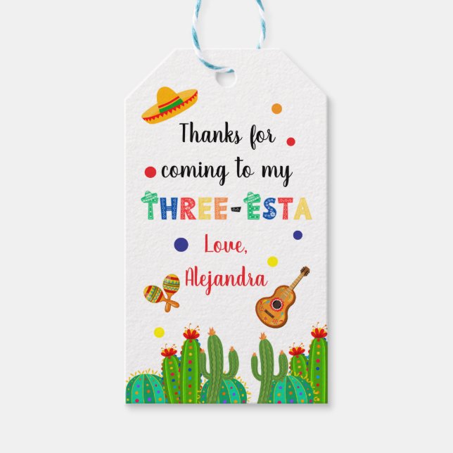Etiqueta Para Presente Três-esta, partido mexicano Fiesta aniversário de  (Frente)