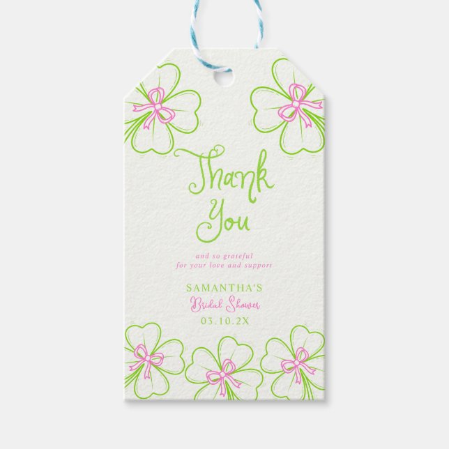 Etiqueta Para Presente Trevo Rosa Verde  Chuveiro de Noiva Obrigada (Frente)