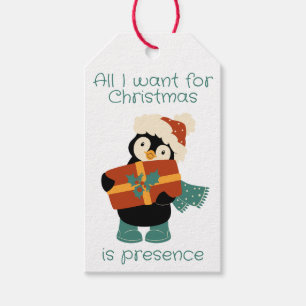 Etiqueta Para Presente Tudo o que quero é o pinguim de Natal.