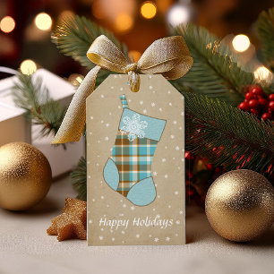 Etiqueta Para Presente Turquesa da meia do Natal do Tartan e ouro ID209