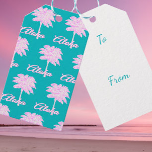 Etiqueta Para Presente Turquesa Rosa Branco Palma Aloha Tropical