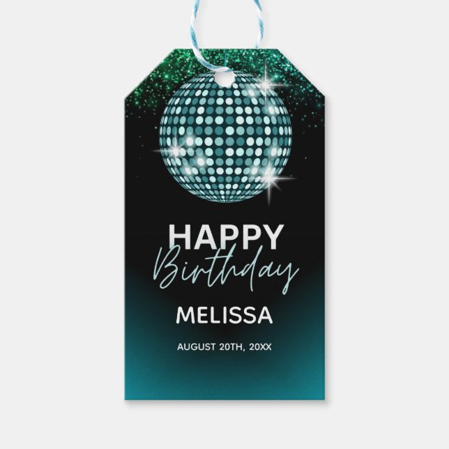 Etiqueta Para Presente Turquoise Disco Glitter Dance Feliz Aniversário (Frente)