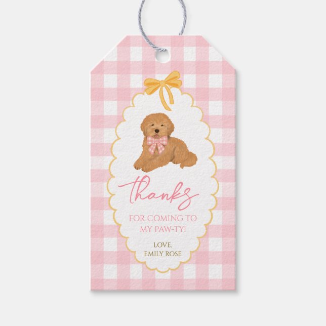 Etiqueta Para Presente Um Ano Dourado Gingham Rosa Golden Doodle (Frente)