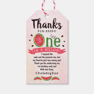 Etiqueta Para Presente Um Em Um primeiro aniversario De Melão Obrigado